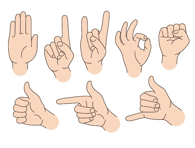 Hand gestures signs Set of cartoon style illustrations vector drawings