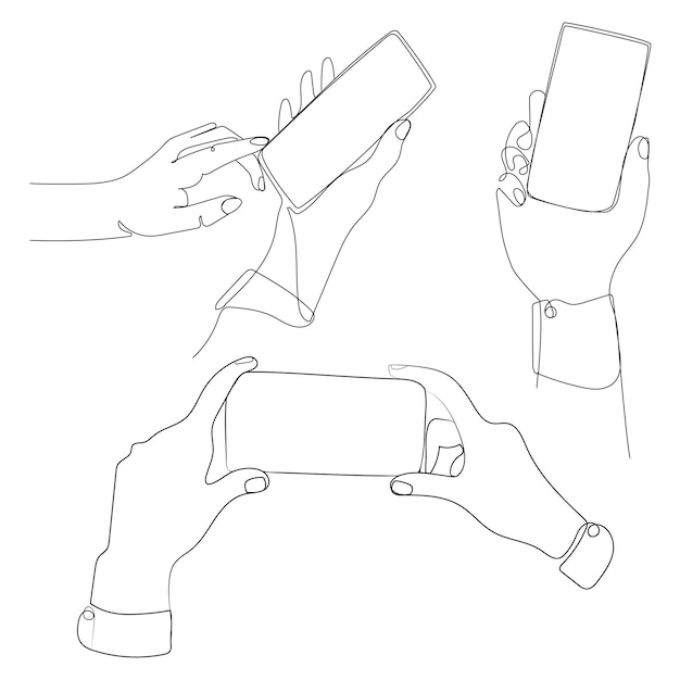 Hand gestures with smartphone touchscreen sketch set of icons, continuous line drawing vector