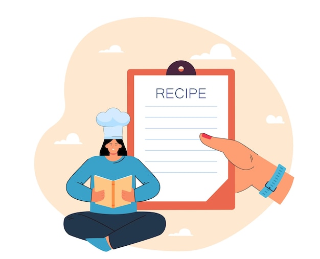 Hand giving cooking recipe on clipboard to tiny woman