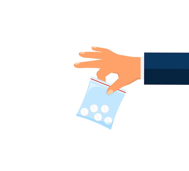 Hand giving drug pills in a plastic bag to another hand Drug dealer concept Flat design