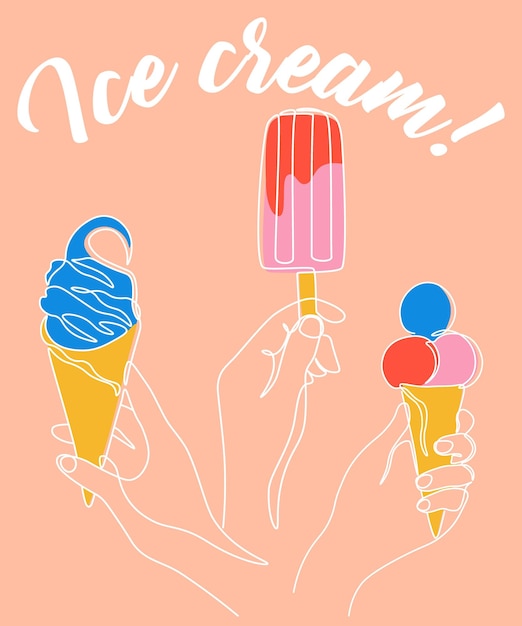 Hand hold ice cream One line summer cold dessert Bright colorful doodle promotional poster flyer with lettering Waffle cone icecream and sundae delicious popsicle vector illustration