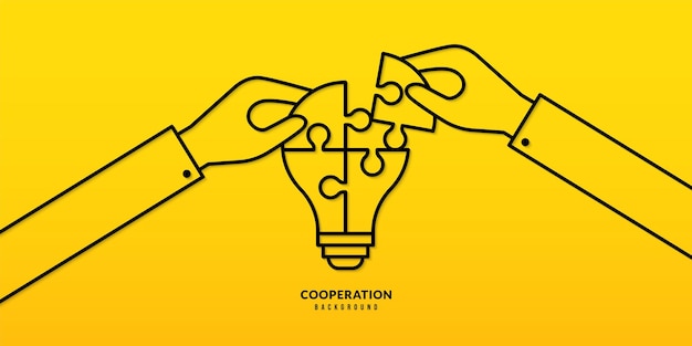 Hand hold jigsaw puzzle lightbulb Business solution teamwork Idea and success concept