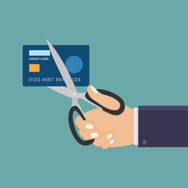 Hand hold scissors and cut credit card flat illustration