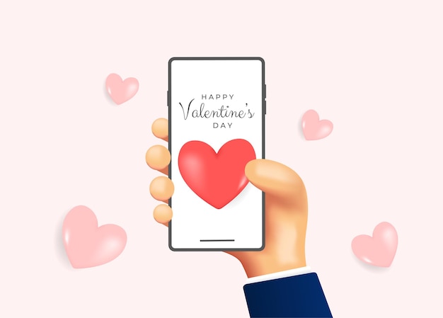 Hand hold smartphone with 3d heart on screen 3d romantic vector illustration on pink background Ca