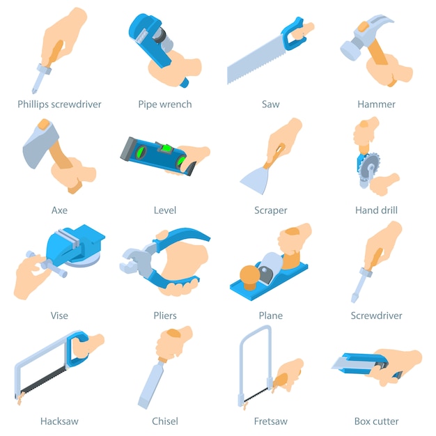 Hand hold tool icons set. Isometric illustration of 16 perfume bottles vector icons for web