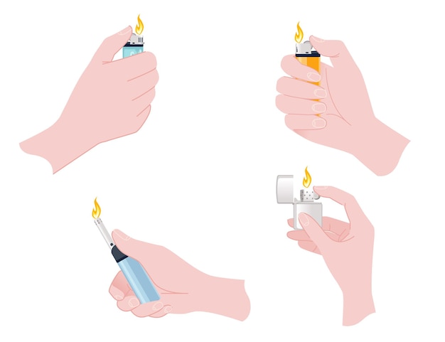 Hand hold and use metal and plastic lighter for kitchen or cigarette gas lighter smoker accessory flat vector illustration isolated on white background