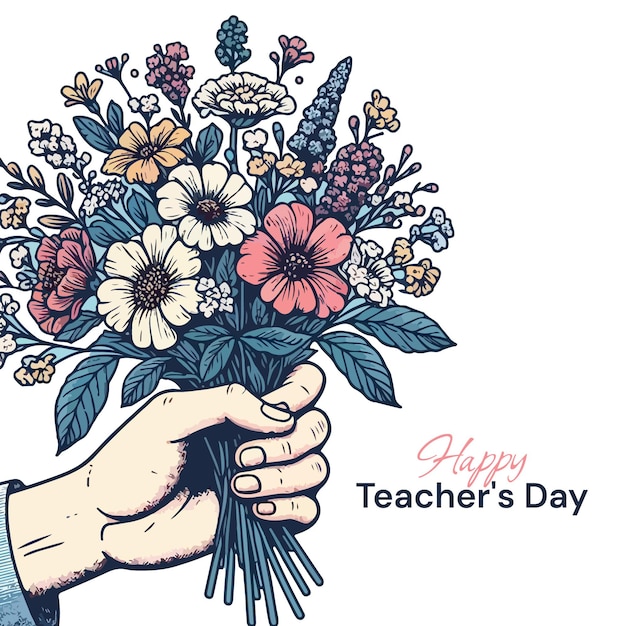 Vector a hand holding a bouquet of flowers that says teachers day