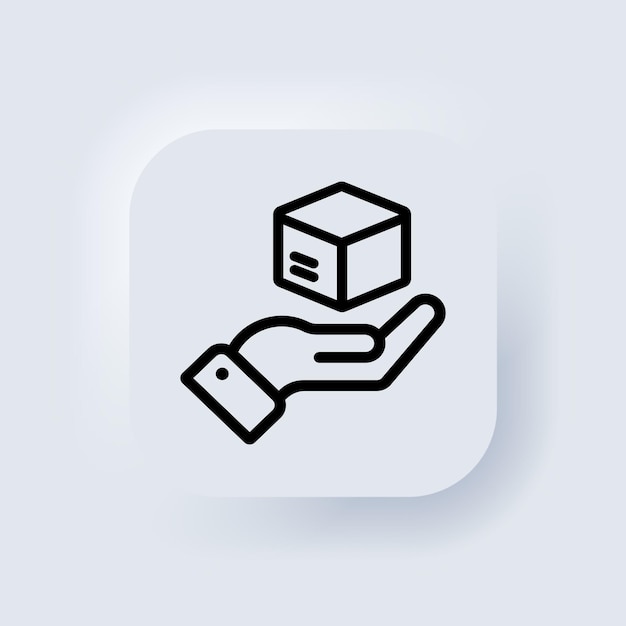 Hand holding box. Pick up point, receive order, collect parcel, delivery services. Shipping delivery symbol. Neumorphic UI UX white user interface web button. Vector EPS 10.