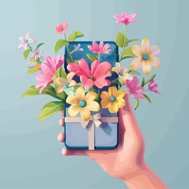 Vector a hand holding a box with flowers and a picture of flowers