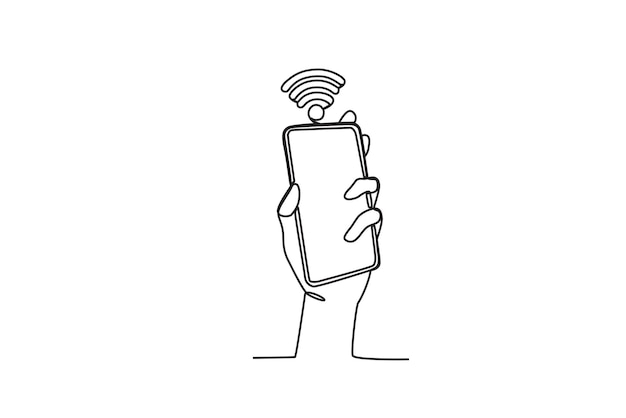 A hand holding a cellphone with a wifi network International internet day oneline drawing