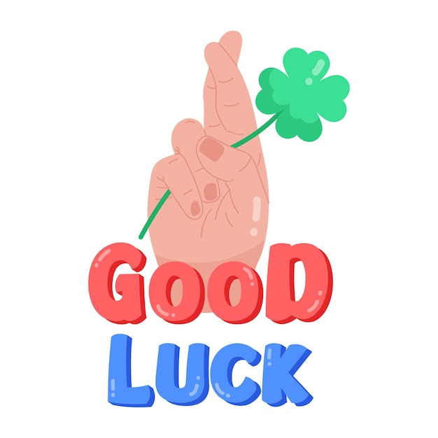 A hand holding a clover with the words good luck on it.