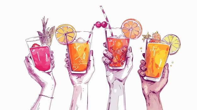 Vector hand holding cup with cocktail or fruit juice vector illustration