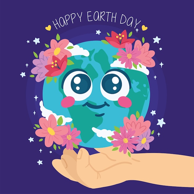 Hand holding a cute earth planet cartoon with flowers Happy earth day Vector illustration