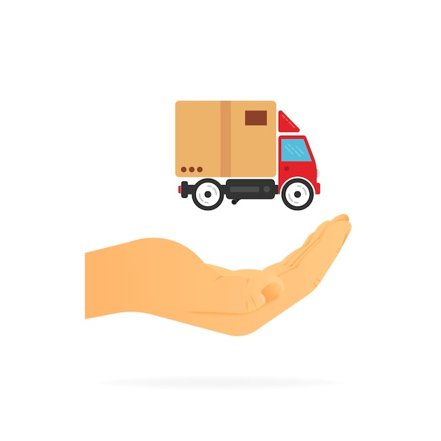 Hand holding delivery post truck Realistic hand White background Vector illustration