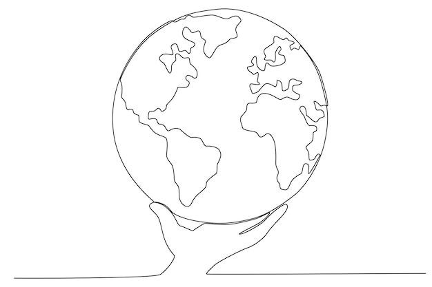 A hand holding the earth globe in earth day one line art