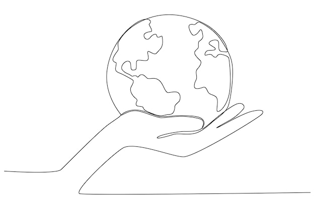 A hand holding the earth on the hand palm for earth day one line art