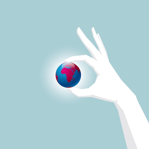 Hand holding the earth,Lifted in mid-air. Isolated on blue background.