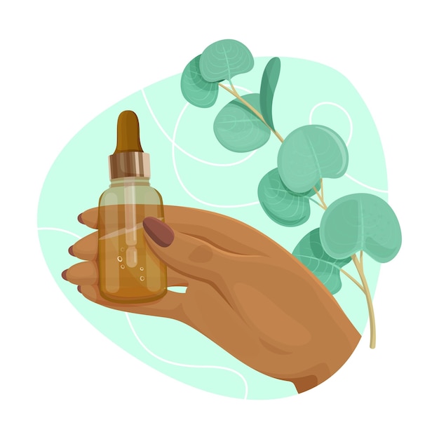 Vector hand holding facial essential oil or serum against the background of a branch of eucalyptus