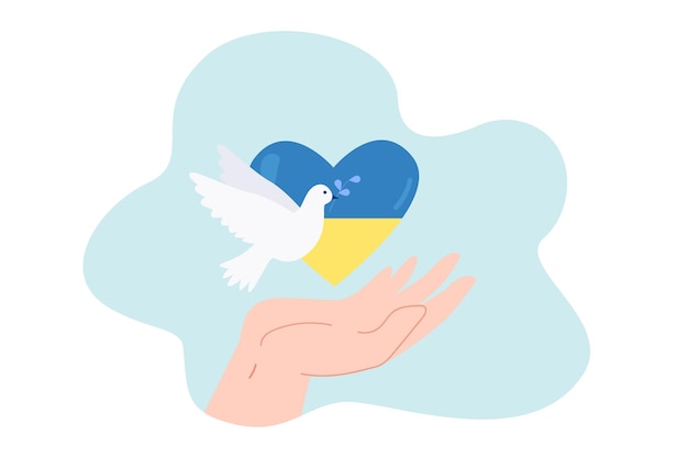 Hand holding flag of Ukraine inside heart and dove. Support and help for Ukrainian people flat vector illustration. Peace, freedom, stop war concept for banner, website design or landing web page