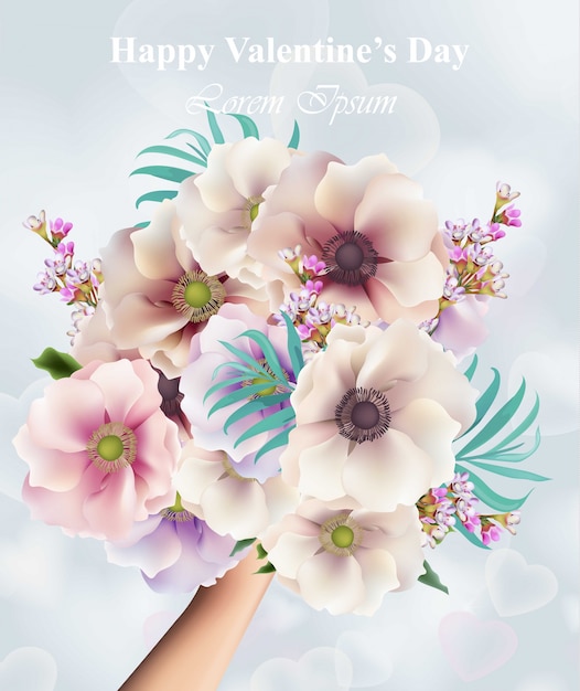 Hand holding a floral bouquet, happy valentine's day card