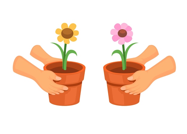 Hand holding Flower Pot Houseplant Decoration Symbol Set Cartoon illustration vector