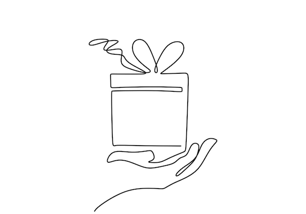 Hand holding gift box Continuous line drawing