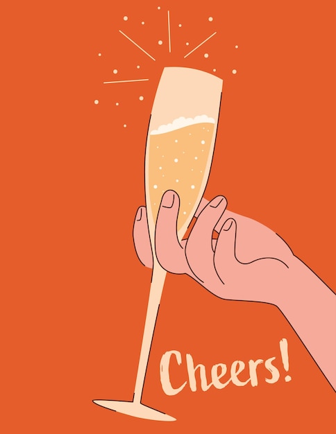 Vector hand holding a glass of champagne with the word cheers beside it