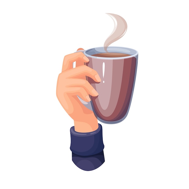 Hand holding glass mug with brown hot drink and steam person drinking coffee tea