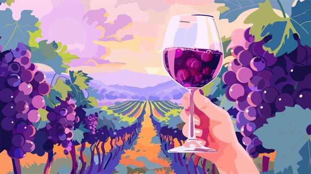 Vector a hand holding a glass of wine with grapes in it