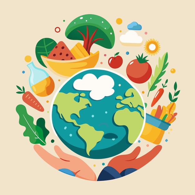 Vector a hand holding a globe with many fruits and vegetables around it