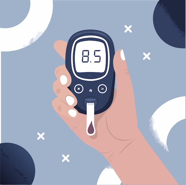 Vector hand holding glucometer showing blood sugar level