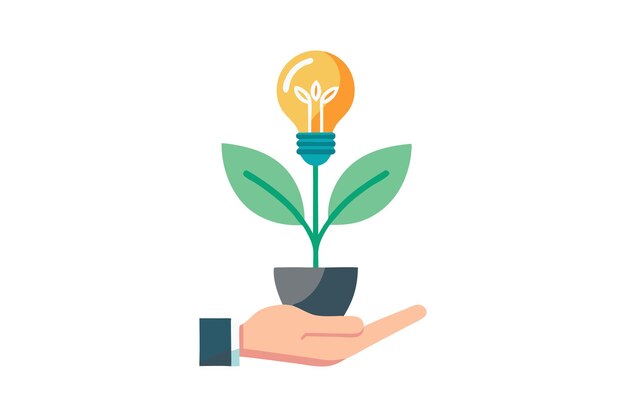 Vector hand holding a growing plant with a light bulb symbolizing innovative ideas growth and sustainable development