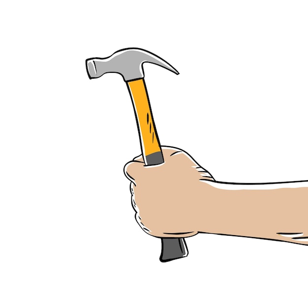 Hand holding hammer isolated on white background Construction icon