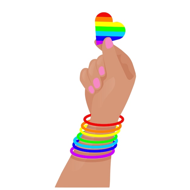 Hand holding heart in colors of LGBTQ community LGBT flat style Vector illustration