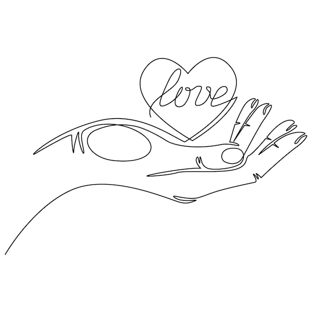 Hand holding a heart with the lettering love continuous line Vector illustration