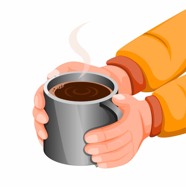 Hand holding hot chocolate or coffee in stainless steel mug, hot drink for stay warm in cold weather or camping activity. concept illustration in cartoon style  isolated in white background