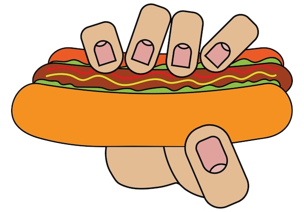 Hand holding hot dog isolated on white background in cartoon style in vector graphic