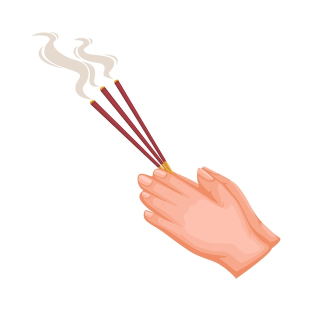 Hand holding incense stick buddhist praying religion symbol cartoon illustration vector