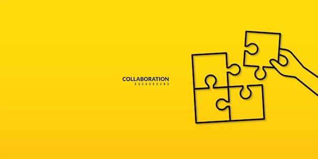 Hand holding jigsaw piece to complete last puzzle on yellow background Business solution concept