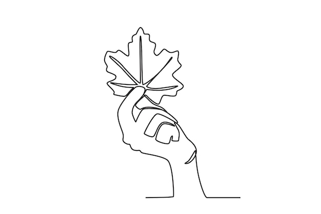 A hand holding a leaf in autumn Autumn oneline drawing