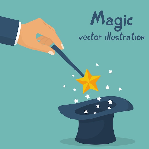 Vector hand holding magic wand sparks of stars over a magical black hat magician performs tricks focus and illusions show entertainment vector illustration flat design isolated on white background