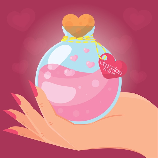 Hand holding a magical love potion elixir Vector illustration