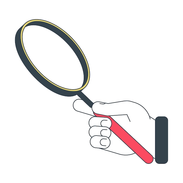 Hand holding magnifying glass flat line concept vector spot illustration