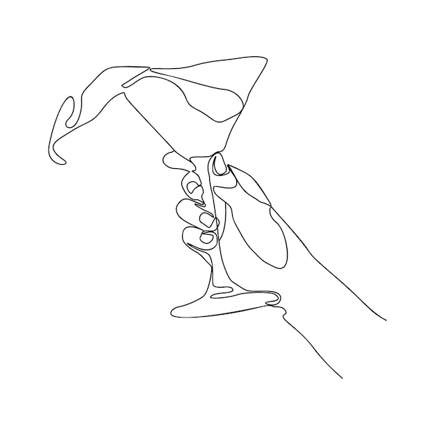 Hand Holding Martini glass cocktail one line drawing continuous modern illustration