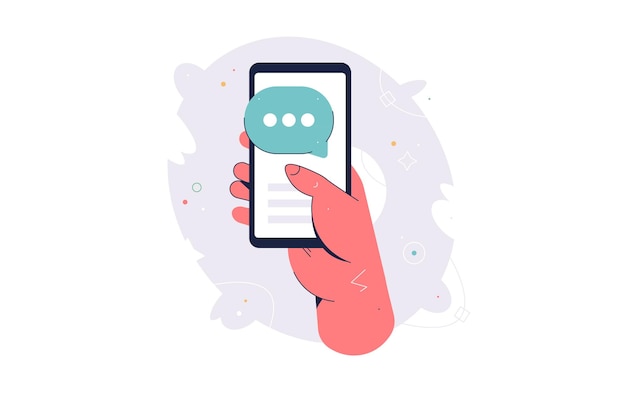 Hand holding mobile phone with text messages Chat conversation flat Communication screen flat vector