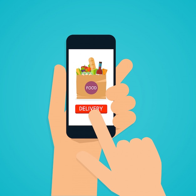 Hand holding mobile smart phone with application food delivery.  Food in package. E commerce concept: order food online website.