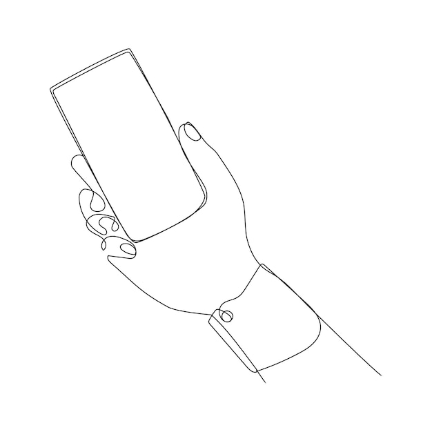 Hand holding modern smartphone continuous line drawing, vector.smartphone in human hand.Minimal art.