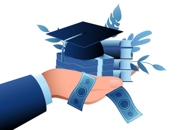 Hand holding money stack graduation toga hat and books