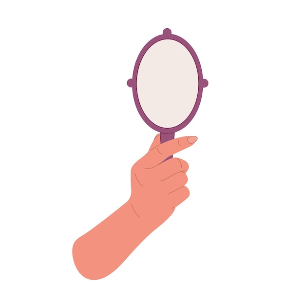 Hand holding oval shaped mirrorFlat cartoon illustration