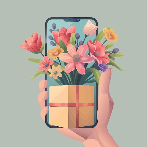 a hand holding a phone that has flowers in it